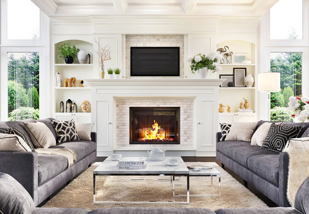 Luxury living room with fireplace in neutral colors
